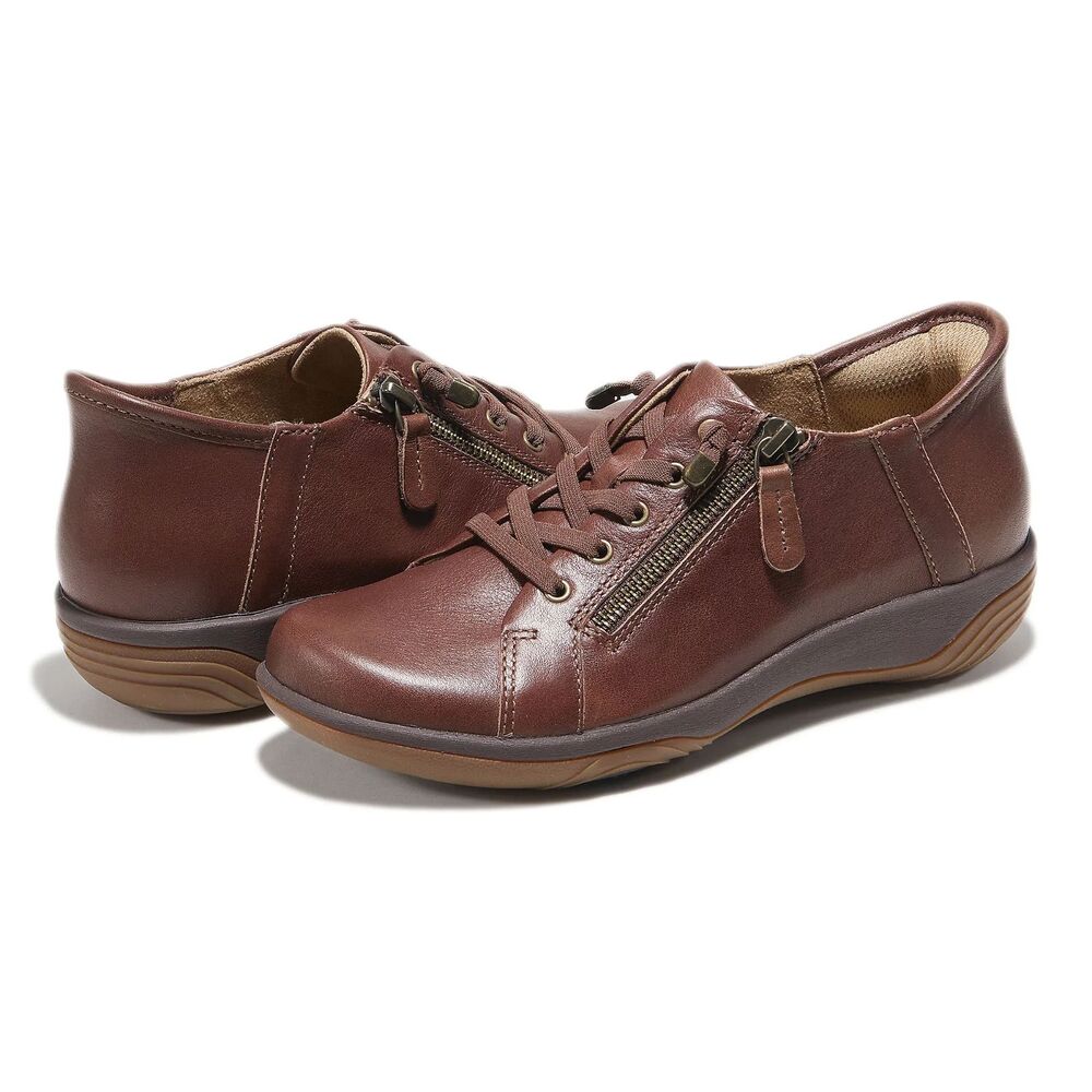 Halsa Alma Leather Slip‑On Sneakers Cognac Brown 7.5 NWOT Zip Lace Comfort